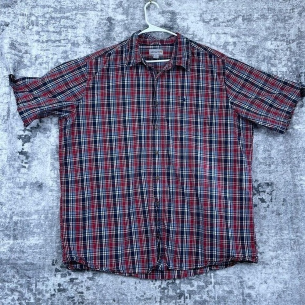 Vtg Carhartt Men 2XL‎ Tall Plaid Red Blue Short Sleeve Shirt Relaxed Workwear